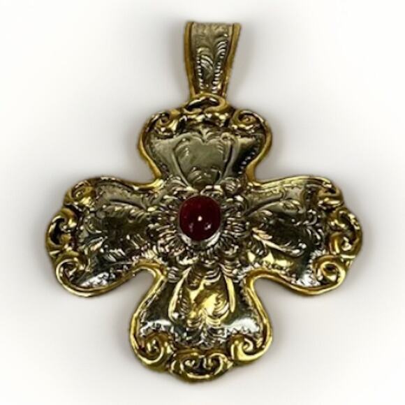 VTG Handmade Silver Tone Copper Edge Red CZ Victorian Revival Cross Pendant 22g - Picture 1 of 13